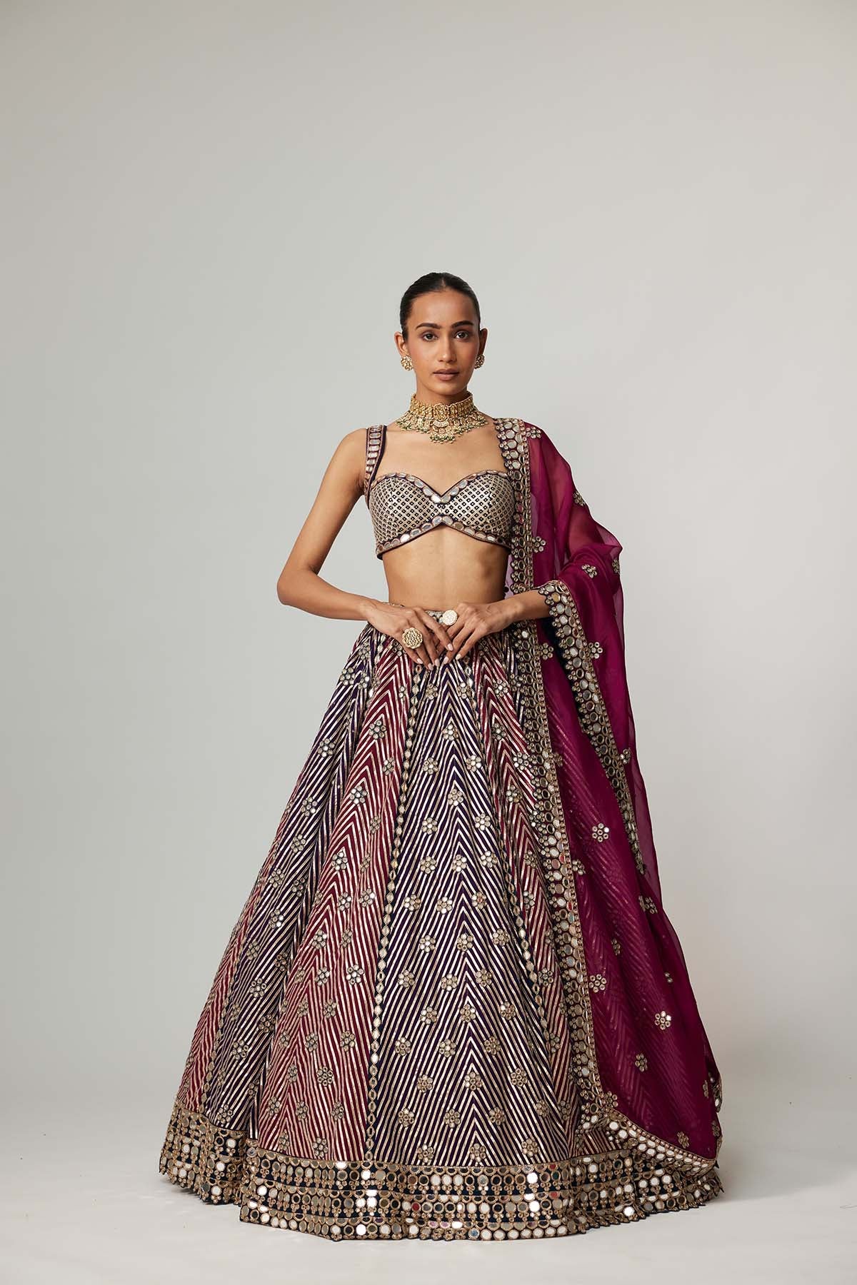 V Vani Vats Teal Wine Multicolor Lehenga Set With Wine Dupatta indian designer wear online shopping melange singapore 