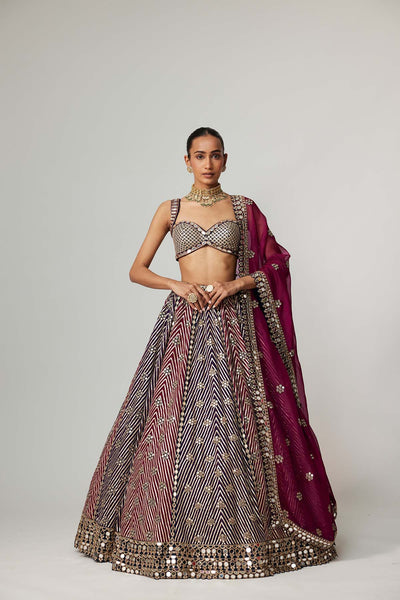 V Vani Vats Teal Wine Multicolor Lehenga Set With Wine Dupatta indian designer wear online shopping melange singapore 