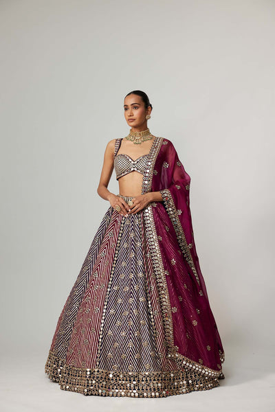 V Vani Vats Teal Wine Multicolor Lehenga Set With Wine Dupatta indian designer wear online shopping melange singapore 