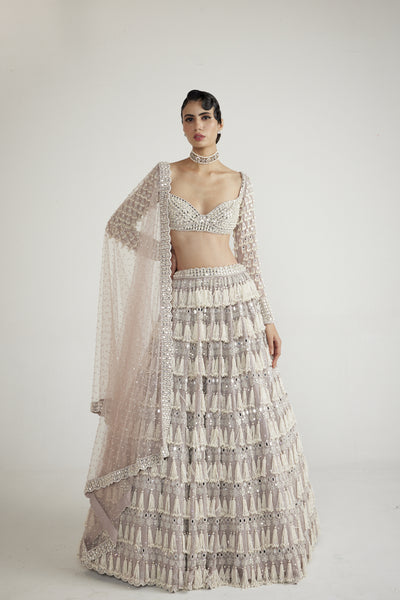 Vani Vats Ash Pink Chandelier Pearl Drop Full Sleeve Lehenga Set indian designer wear online shopping melange singapore