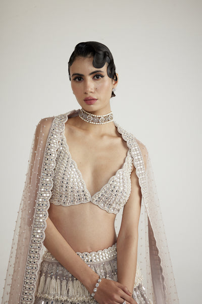 Vani Vats Ash Pink Chandelier Pearl Drop Lehenga Set indian designer wear online shopping melange singapore