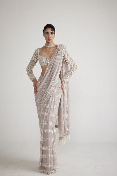Vani Vats Ash Pink Chandelier Pearl Drop Saree Set indian designer wear online shopping melange singapore