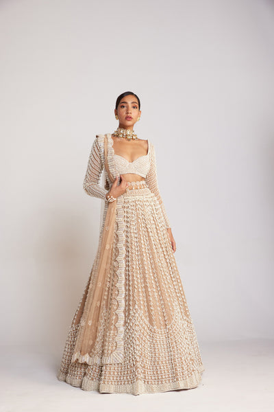 V Vani Vats Beige Chandelier Pearl Lehenga Paired With Full Sleeve Pearl Drop Blouse Indian designer wear online shopping melange singapore