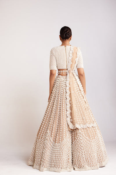 V Vani Vats Beige Chandelier Pearl Lehenga Paired With Heavily Pearl Embellished V Neck Blouse With Elbow Sleeve Indian designer wear online shopping melange singapore