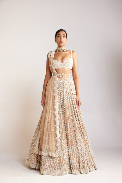 V Vani Vats Beige Chandelier Pearl Lehenga Paired With Sleeveless Pearl Drop Sweetheart Neck Blouse Indian designer wear online shopping melange singapore