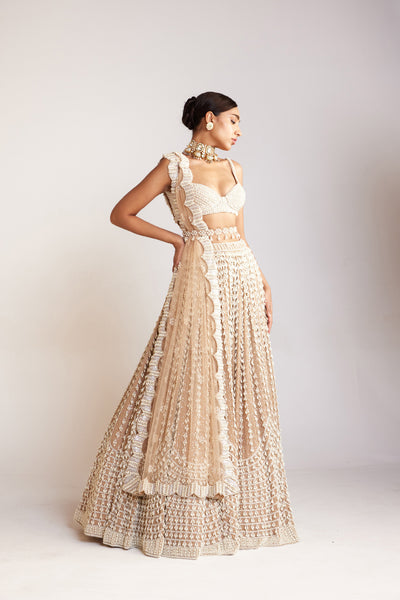 V Vani Vats Beige Chandelier Pearl Lehenga Paired With Sleeveless Pearl Drop Sweetheart Neck Blouse Indian designer wear online shopping melange singapore