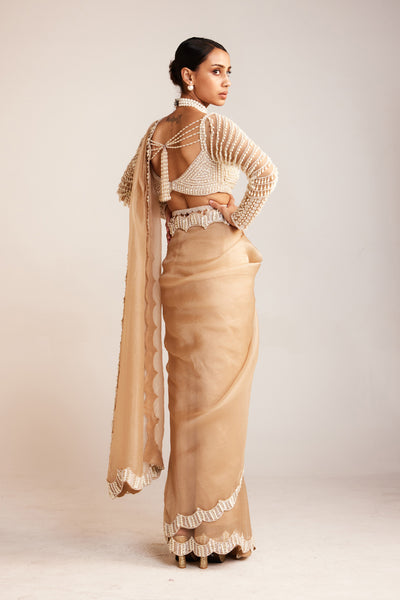 V Vani Vats Beige Pearl Embellished Saree Paired With Pearl Drop Full Sleeve Blouse Indian designer wear online shopping melange singapore