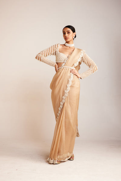V Vani Vats Beige Pearl Embellished Saree Paired With Pearl Drop Full Sleeve Blouse Indian designer wear online shopping melange singapore