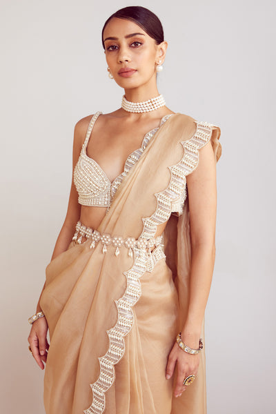 V Vani Vats Beige Pearl Embellished Saree Paired With Sweetheart Neck Blouse Indian designer wear online shopping melange singapore