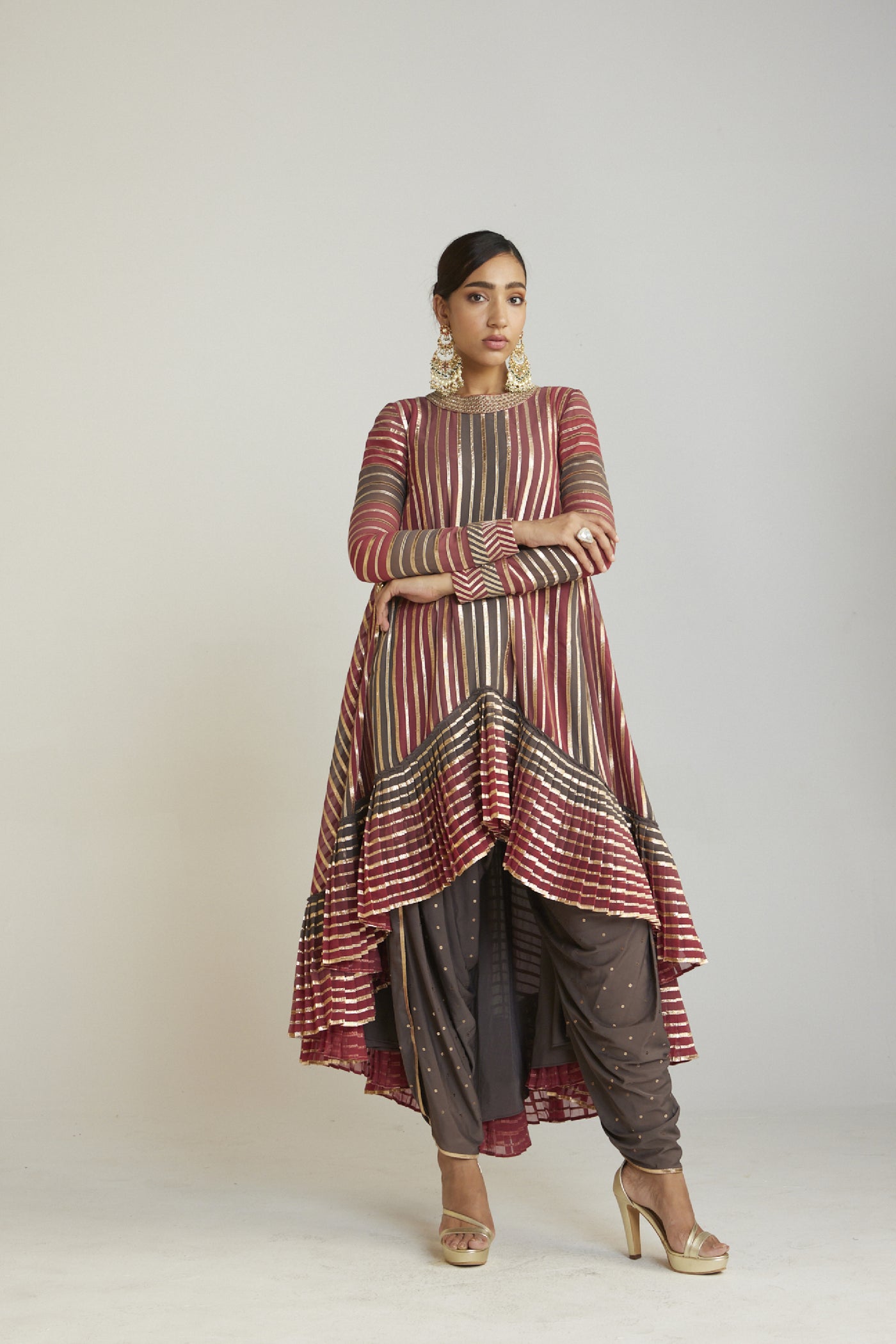 Vani Vats Charcoal Grey Asymmetrical Kurta Dhoti Set Indian designer wear online shopping melange singapore