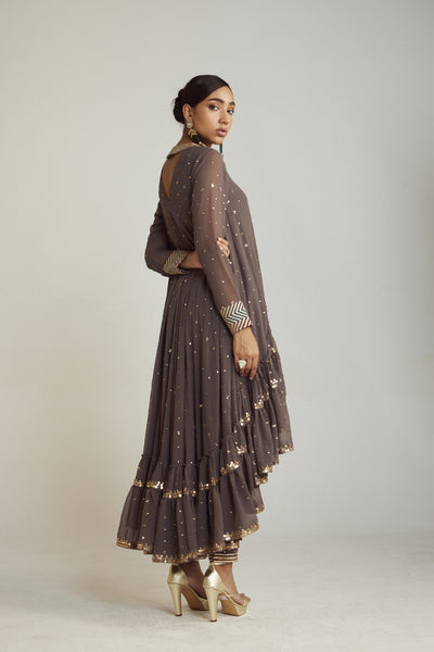 Vani Vats Charcoal Grey Asymmetrical Kurta Pant Set Indian designer wear online shopping melange singapore