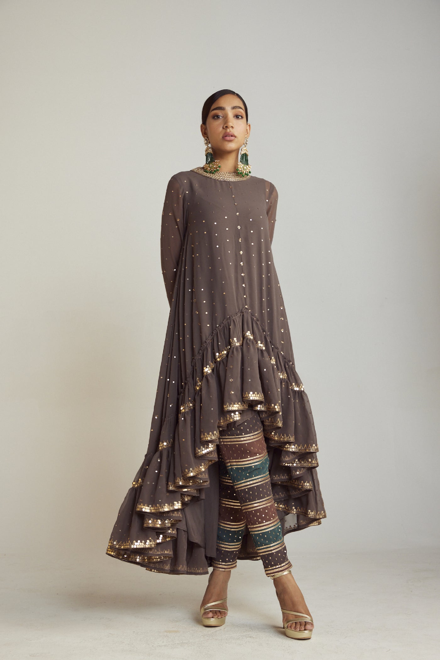 Vani Vats Charcoal Grey Asymmetrical Kurta Pant Set Indian designer wear online shopping melange singapore 