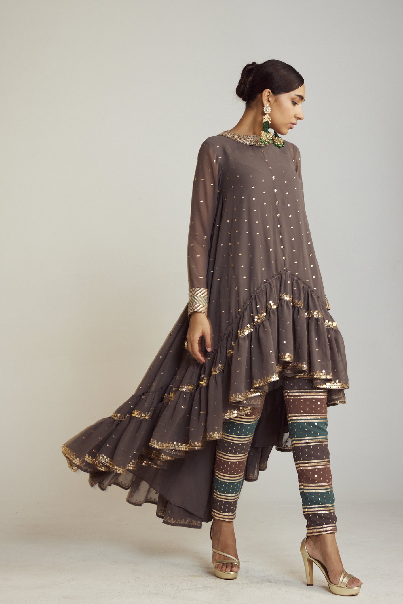 Vani Vats Charcoal Grey Asymmetrical Kurta Pant Set Indian designer wear online shopping melange singapore