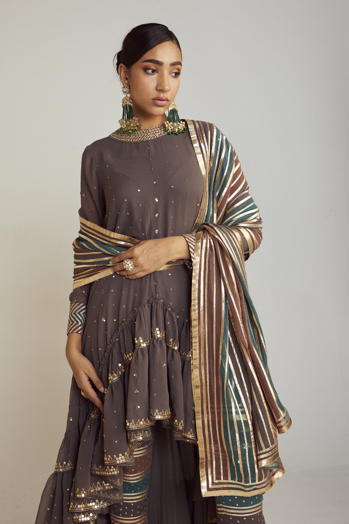 Vani Vats Charcoal Grey Round Neck Asymmetrical Kurta Pant Set Indian designer wear online shopping melange singapore
