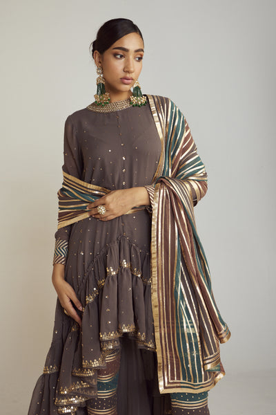 Vani Vats Charcoal Grey Round Neck Asymmetrical Kurta Pant Set Indian designer wear online shopping melange singapore