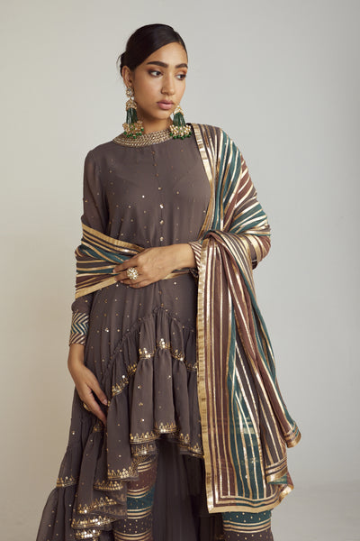 Vani Vats Charcoal Grey Round Neck Asymmetrical Kurta Pant Set Indian designer wear online shopping melange singapore 