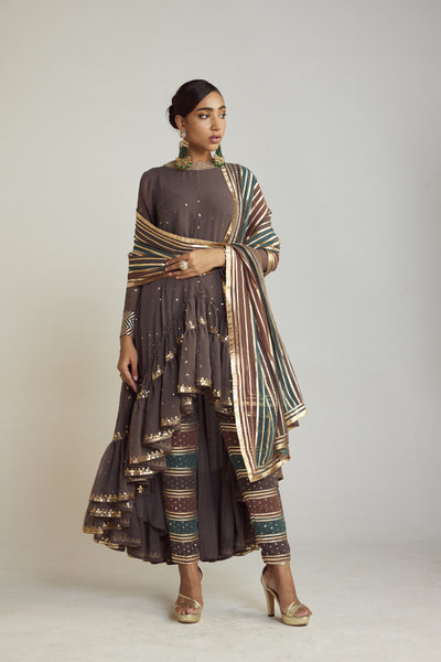 Vani Vats Charcoal Grey Round Neck Asymmetrical Kurta Pant Set Indian designer wear online shopping melange singapore 