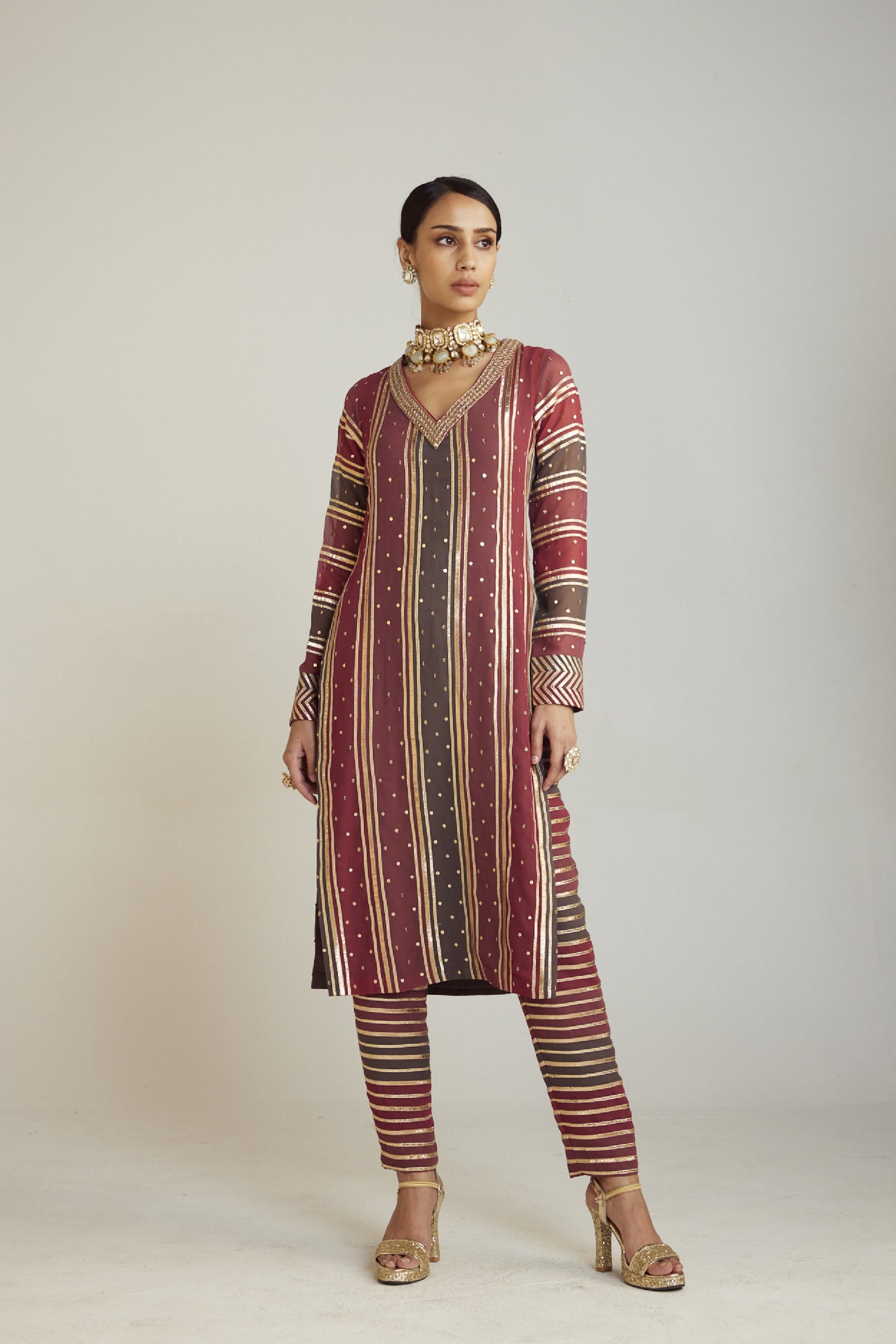 Vani Vats Charcoal Grey V Neck Straight Kurta Pant Set Indian designer wear online shopping melange singapore