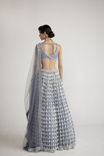 Vani Vats Onion Pink Chandelier PeaDark Grey Chandelier Pearl Drop Lehenga Set indian designer wear online shopping melange singapore