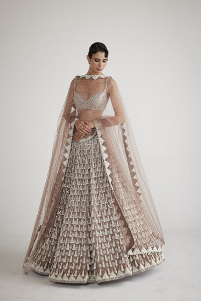 Vani Vats Deep Beige Chandelier Pearl Drop Lehenga Set indian designer wear online shopping melange singapore