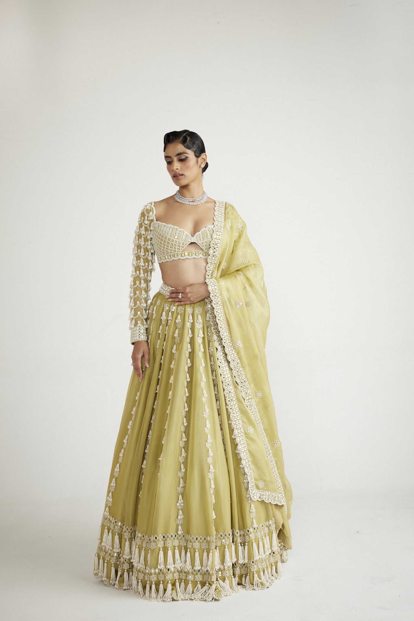 Vani Vats Fern Green Chandelier Pearl Drop Full Sleeve Lehenga Set indian designer wear online shopping melange singapore