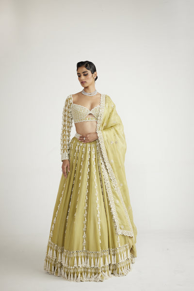 Vani Vats Fern Green Chandelier Pearl Drop Full Sleeve Lehenga Set indian designer wear online shopping melange singapore