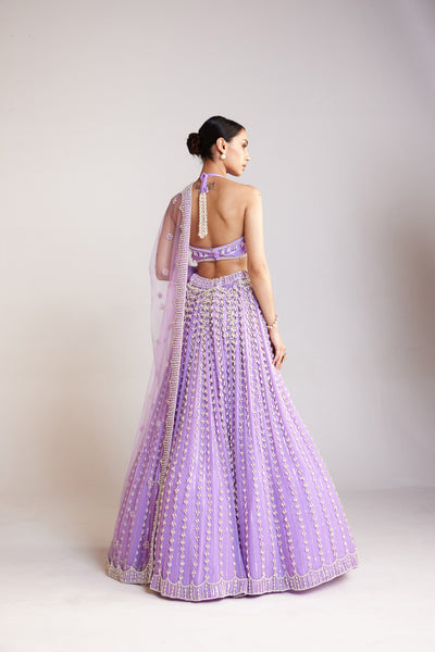 V Vani Vats Lilac Chandelier Pearl Lehenga Paired With Halter Neck Pearl Drop Blouse Set Indian designer wear online shopping melange singapore