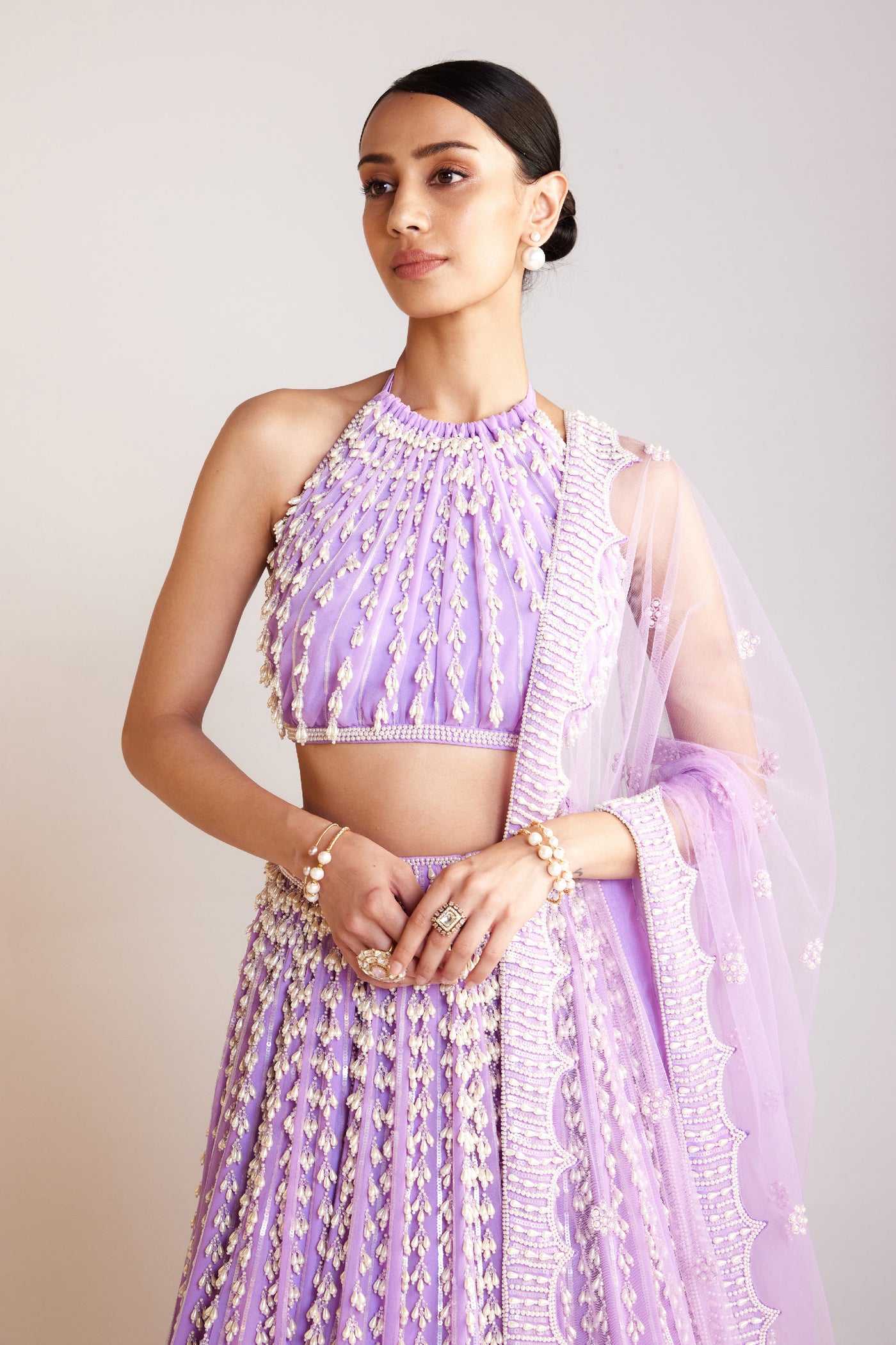 V Vani Vats Lilac Chandelier Pearl Lehenga Paired With Halter Neck Pearl Drop Blouse Set Indian designer wear online shopping melange singapore