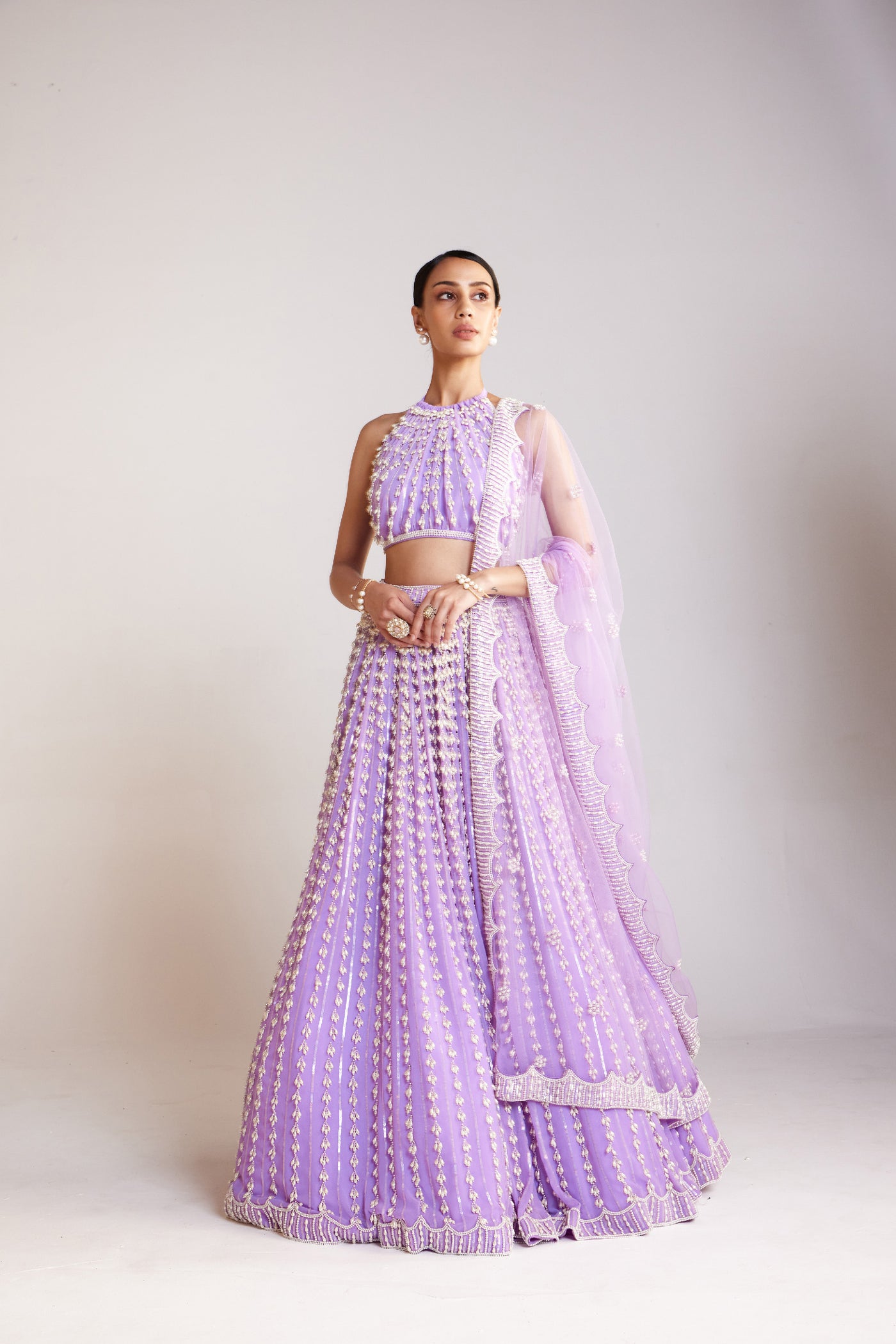 V Vani Vats Lilac Chandelier Pearl Lehenga Paired With Halter Neck Pearl Drop Blouse Set Indian designer wear online shopping melange singapore