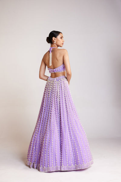 V Vani Vats Lilac Chandelier Pearl Skirt Paired With Halter Neck Pearl Drop Crop Top Skirt Set Indian designer wear online shopping melange singapore