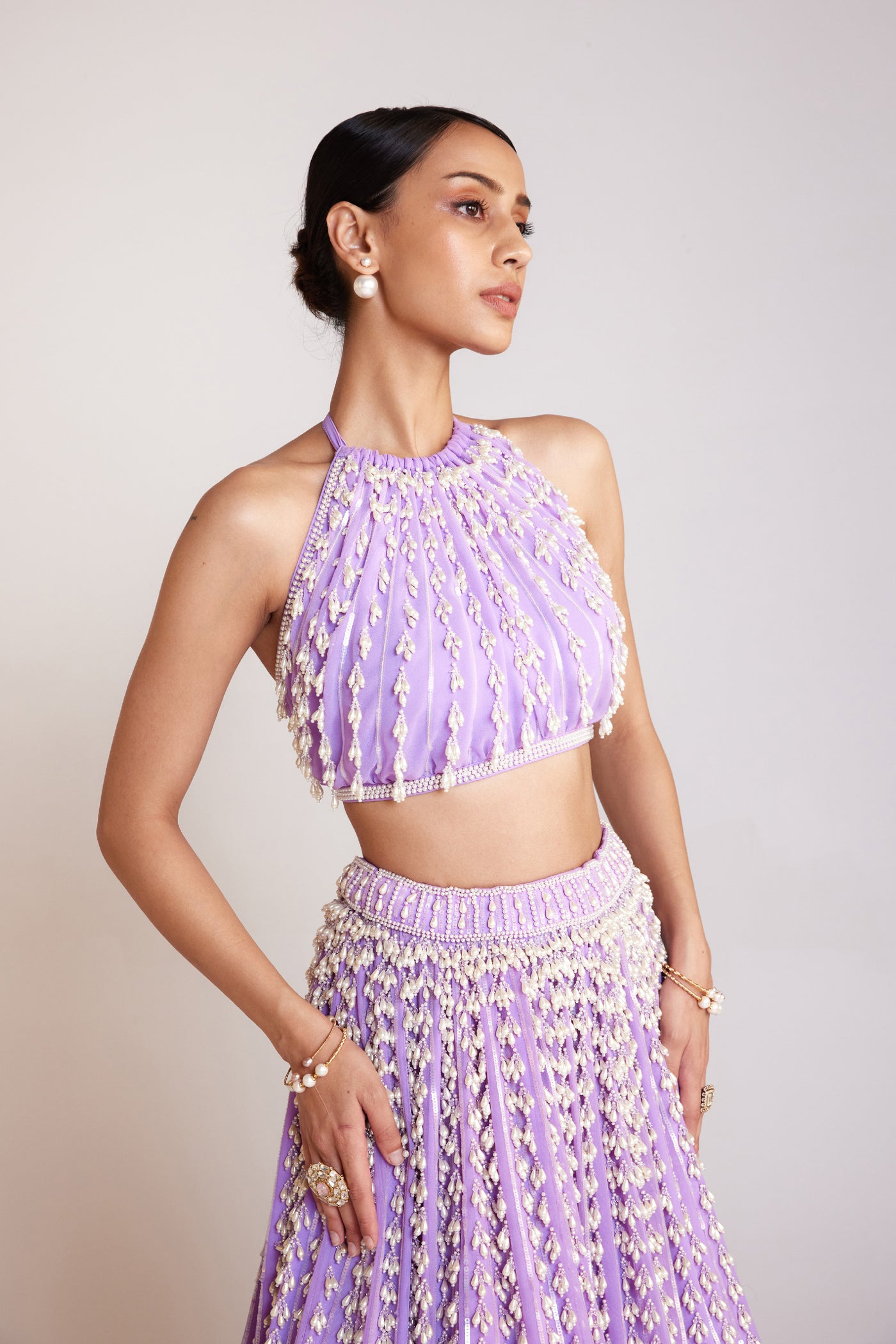 V Vani Vats Lilac Chandelier Pearl Skirt Paired With Halter Neck Pearl Drop Crop Top Skirt Set Indian designer wear online shopping melange singapore