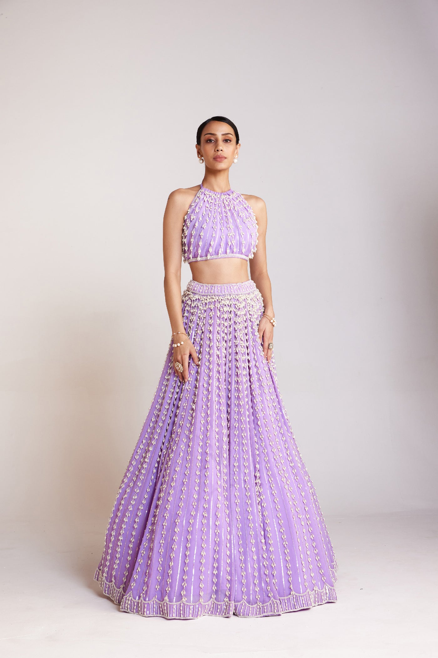 V Vani Vats Lilac Chandelier Pearl Skirt Paired With Halter Neck Pearl Drop Crop Top Skirt Set Indian designer wear online shopping melange singapore