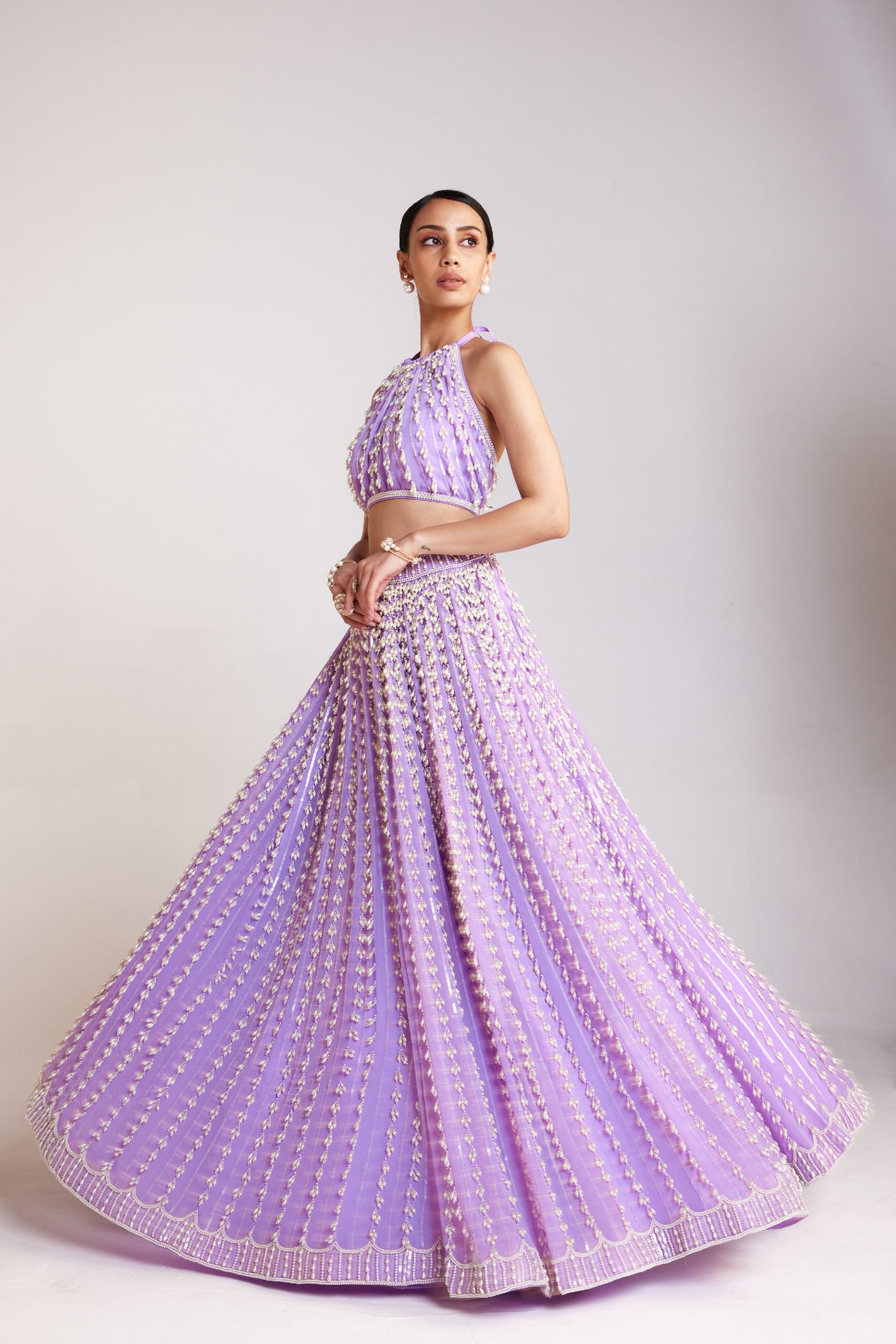 V Vani Vats Lilac Chandelier Pearl Skirt Paired With Halter Neck Pearl Drop Crop Top Skirt Set Indian designer wear online shopping melange singapore