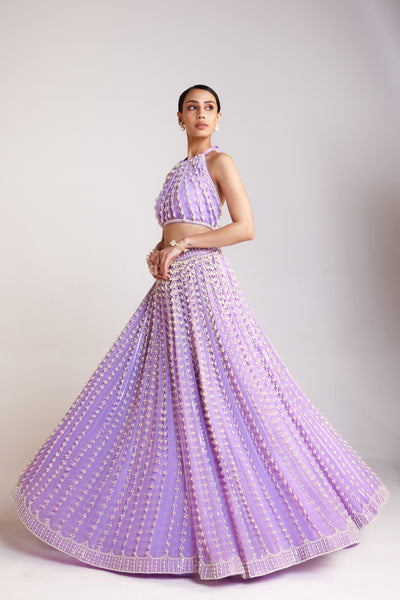 V Vani Vats Lilac Chandelier Pearl Skirt Paired With Halter Neck Pearl Drop Crop Top Skirt Set Indian designer wear online shopping melange singapore