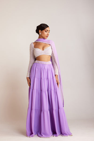 V Vani Vats Lilac Pearl Drop Full Sleeve Blouse Paired With Sharara And Dupatta Indian designer wear online shopping melange singapore