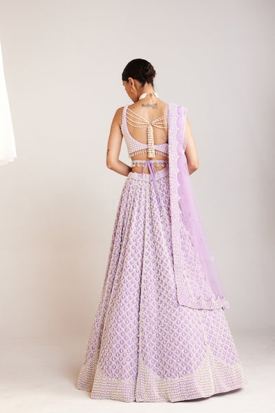 V Vani Vats Lilac Pearl Drop Lehenga Paired With Heavily Embellished Sweetheart Neck Blouse Indian designer wear online shopping melange singapore