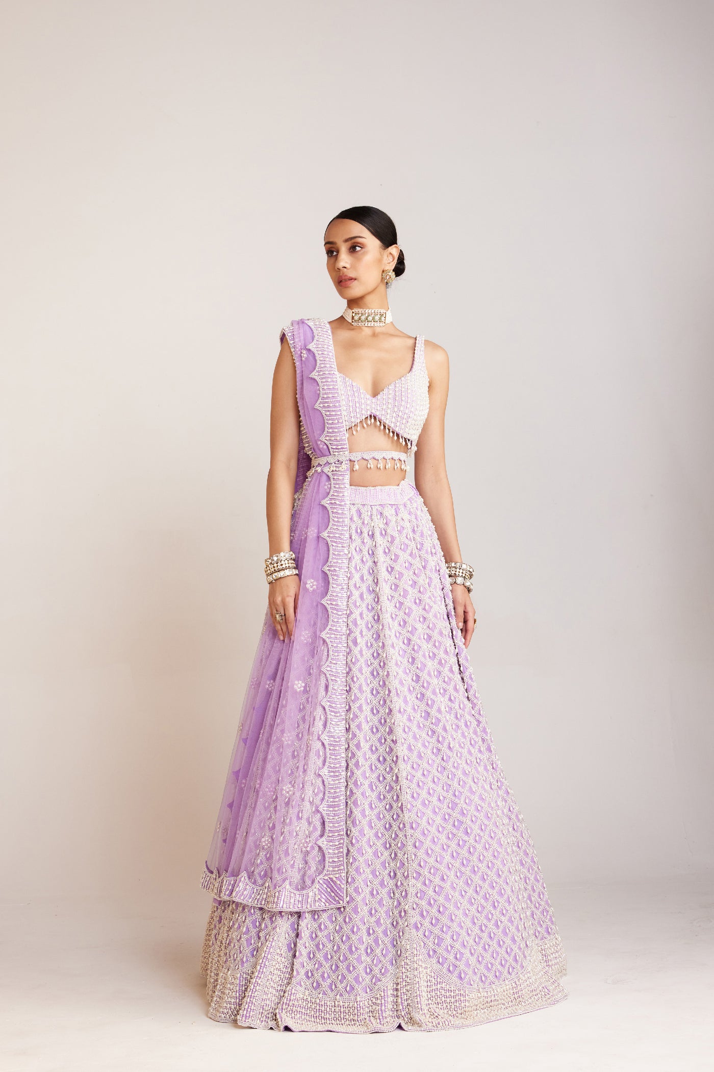 V Vani Vats Lilac Pearl Drop Lehenga Paired With Heavily Embellished Sweetheart Neck Blouse Indian designer wear online shopping melange singapore