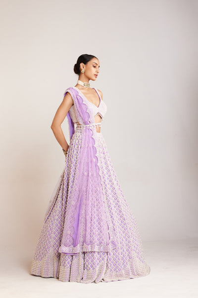 V Vani Vats Lilac Pearl Drop Lehenga Paired With Heavily Embellished Sweetheart Neck Blouse Indian designer wear online shopping melange singapore