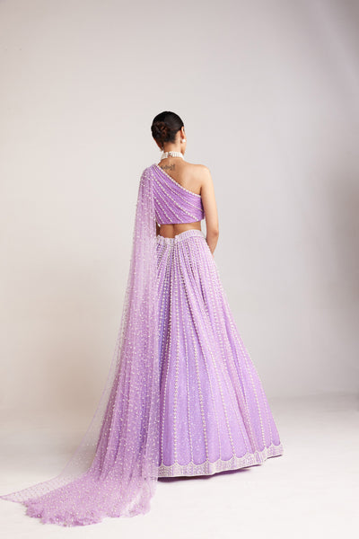 V Vani Vats Lilac Pearl Embellished Lehenga Paired With One Shoulder Blouse With Pearl Cheetha Trail  Indian designer wear online shopping melange singapore