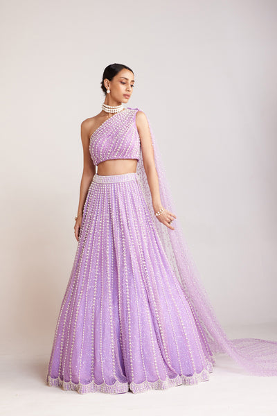 V Vani Vats Lilac Pearl Embellished Lehenga Paired With One Shoulder Blouse With Pearl Cheetha Trail  Indian designer wear online shopping melange singapore