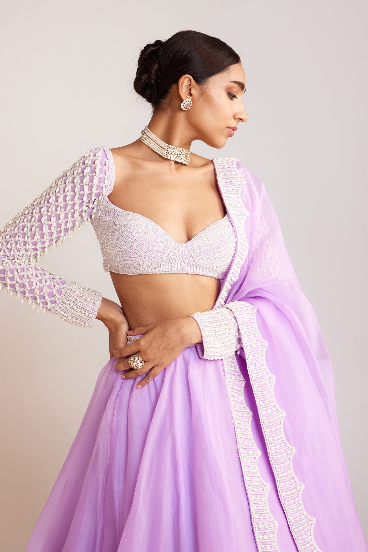 V Vani Vats Lilac Pearl Embellished Organza Lehenga Paired With Sweetheart Neck Pearl Drop Full Sleeve Blouse Indian designer wear online shopping melange singapore