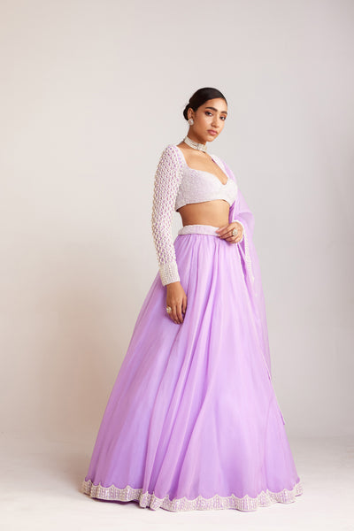 V Vani Vats Lilac Pearl Embellished Organza Lehenga Paired With Sweetheart Neck Pearl Drop Full Sleeve Blouse Indian designer wear online shopping melange singapore