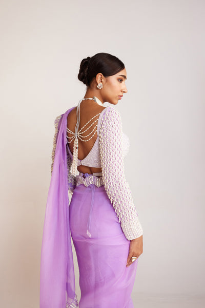 V Vani Vats Lilac Pearl Embellished Saree Paired With Pearl Drop Full Sleeves Blouse Indian designer wear online shopping melange singapore