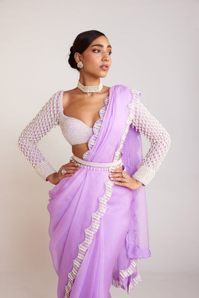 V Vani Vats Lilac Pearl Embellished Saree Paired With Pearl Drop Full Sleeves Blouse Indian designer wear online shopping melange singapore