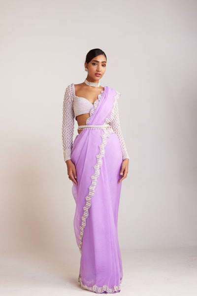 V Vani Vats Lilac Pearl Embellished Saree Paired With Pearl Drop Full Sleeves Blouse Indian designer wear online shopping melange singapore