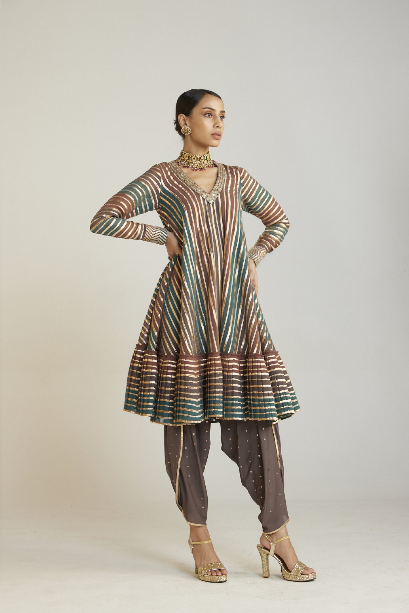 Vani Vats Mud Green A Line Dhoti Kurta Set Indian designer wear online shopping melange singapore