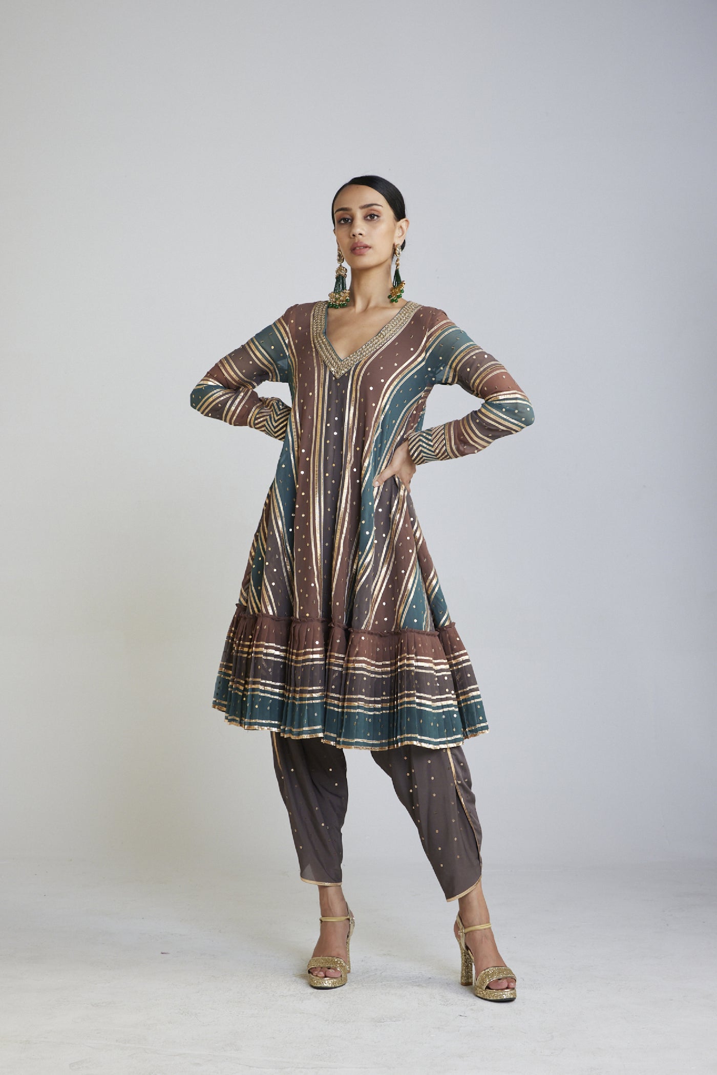 Vani Vats Mud Green Cheeta A Line Dhoti Kurta Set designer wear online shopping melange singapore
