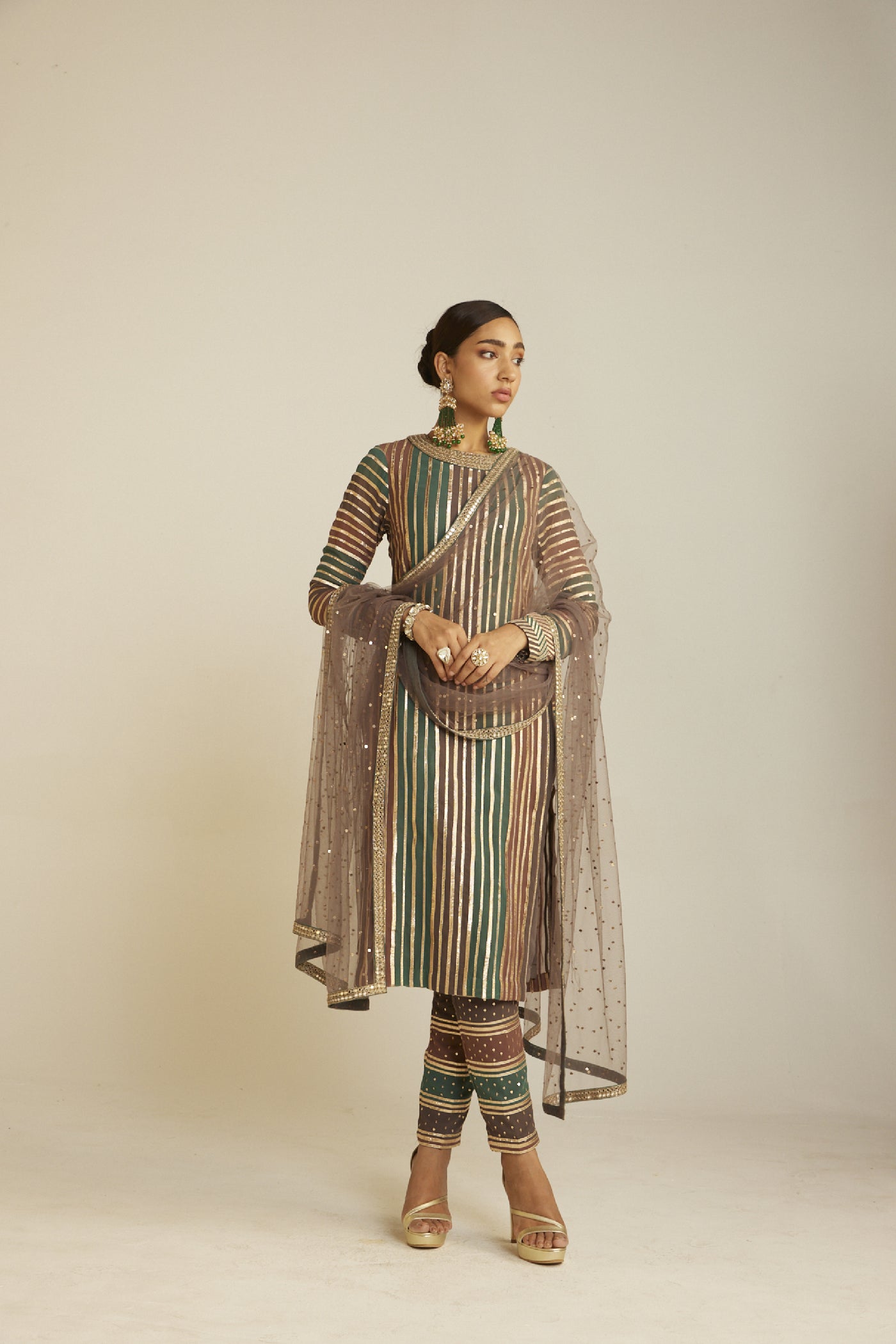 Vani Vats Mud Green Round Neck Straight Kurta Pant Set Indian designer wear online shopping melange singapore