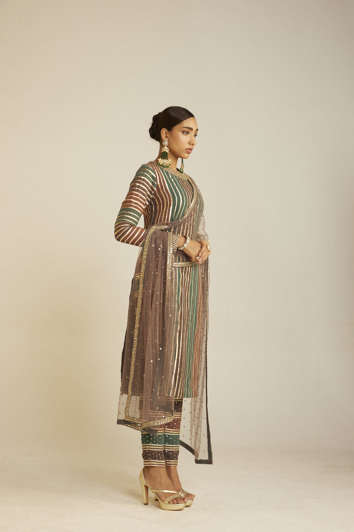 Vani Vats Mud Green Round Neck Straight Kurta Pant Set Indian designer wear online shopping melange singapore 