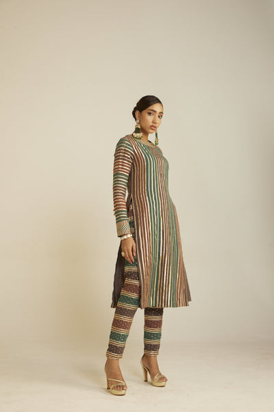 Vani Vats Mud Green Straight Kurta Pant Set Indian designer wear online shopping melange singapore 